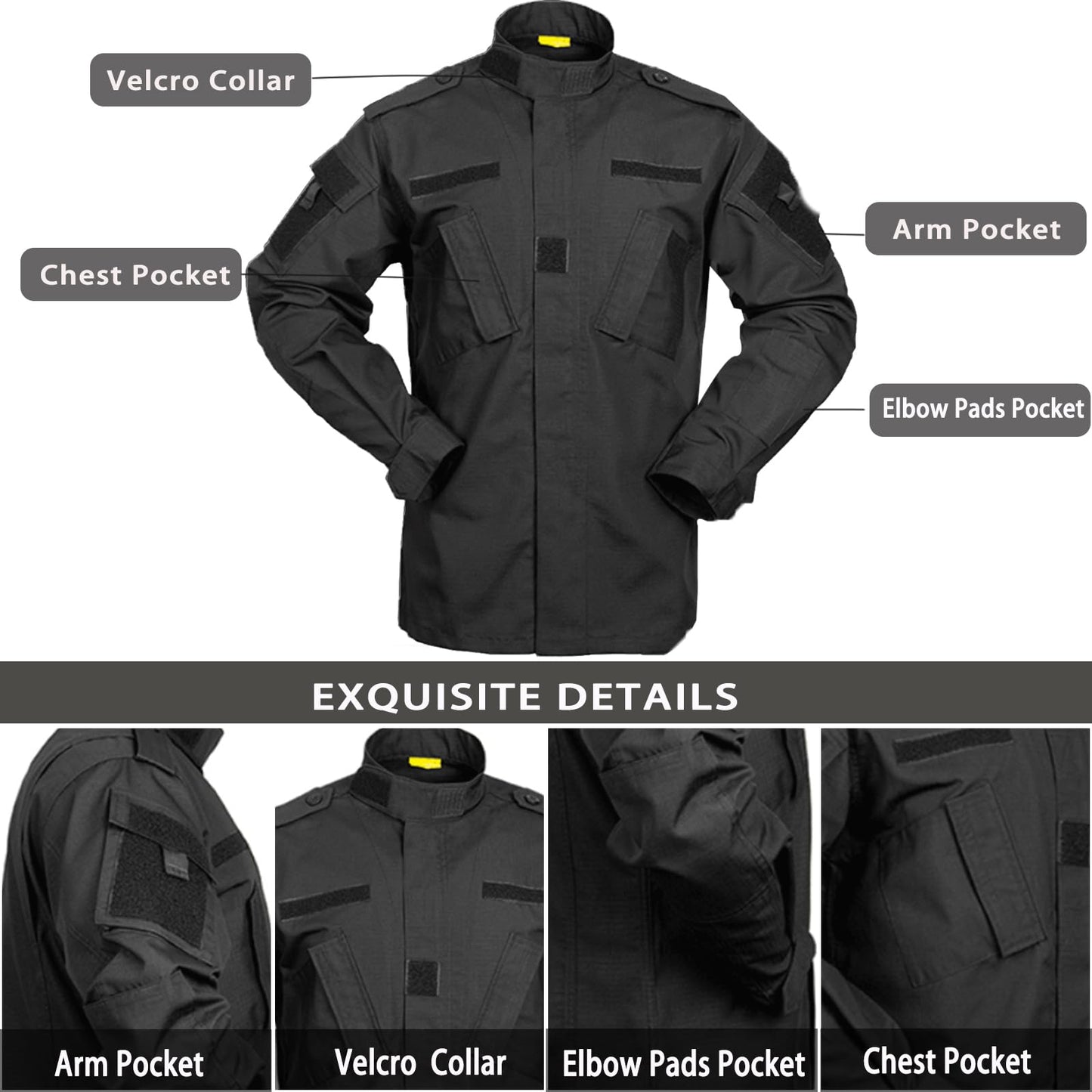 YKS JOOB Men's Tactical Combat Jacket and Pant Set Ripstop Military Uniform Outdoor Hunting Paintball Airsoft Casual Clothes Black S