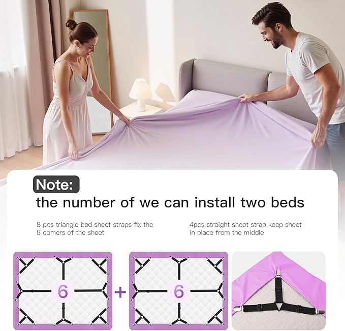 EasYoung 12PCS Bed Sheet Straps, Secure & Adjustable Fitted Sheet Holders for Full, Queen, King & More, Heavy Duty Nylon & Metal Clips