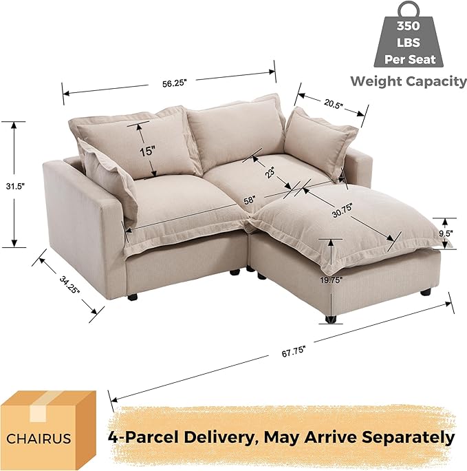 chairus 68" Love-Seat Sofa with Movable Ottoman Upholstered Linen Deep Seat Couch with Pillow Modular Oversized Couch Sleeper for Living Room, Bedroom, Reception Room, Apartment, 2-Seater/Oatmeal