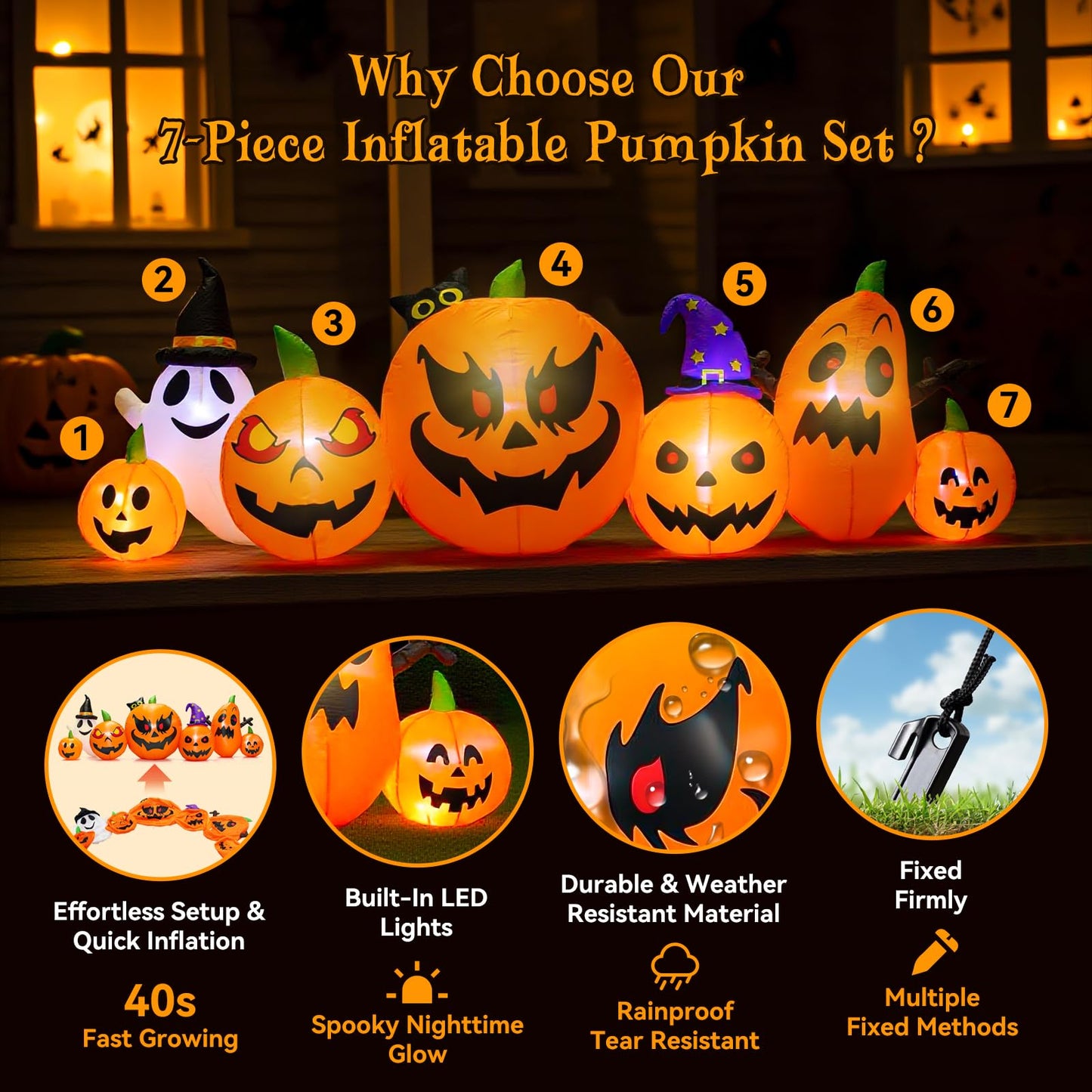 HUECLOR 9 FT Halloween Inflatables Pumpkin Outdoor Decorations with Cute Chost Cat and Witch Hat Built-in LEDs Blow Up Pumpkin for Party Yard Lawn Garden Outside Decor