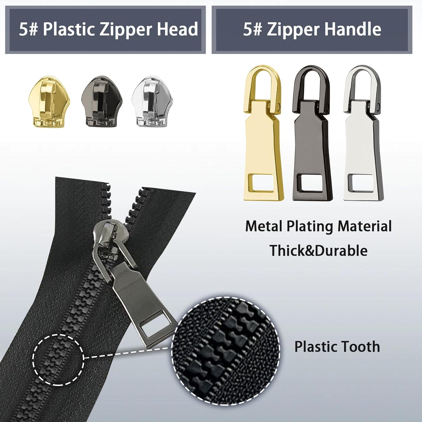 VICHERIA Zipper Repair Kit (45 Pcs), Universal Size #5 Zippers for Sewing, Replacement Slider Pull Fix Kit for Jackets, Coat, Boot, Backpack, Purse