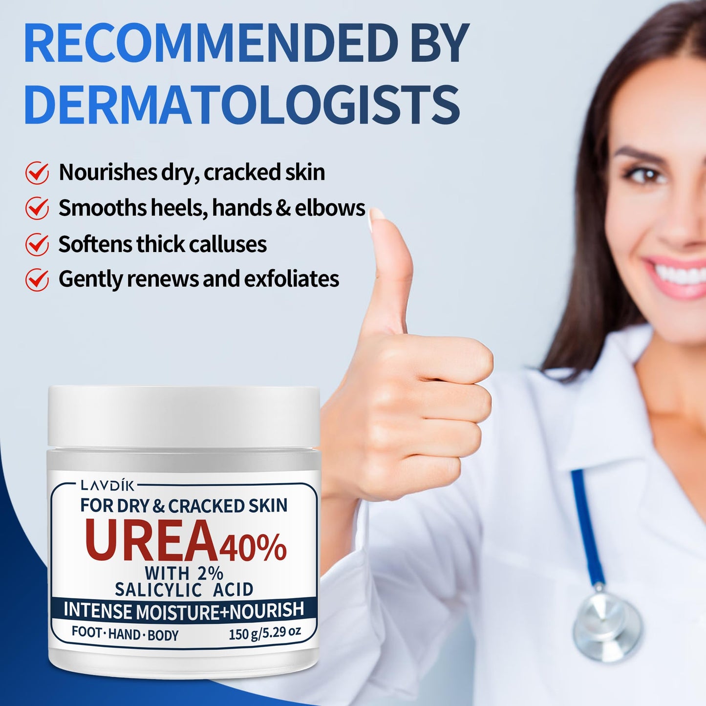 LAVDIK 40% Urea Cream with 2% Salicylic Acid, Maximum Strength Moisturizer for Dry, Cracked Skin on Feet, Hands, Heels, Elbows,