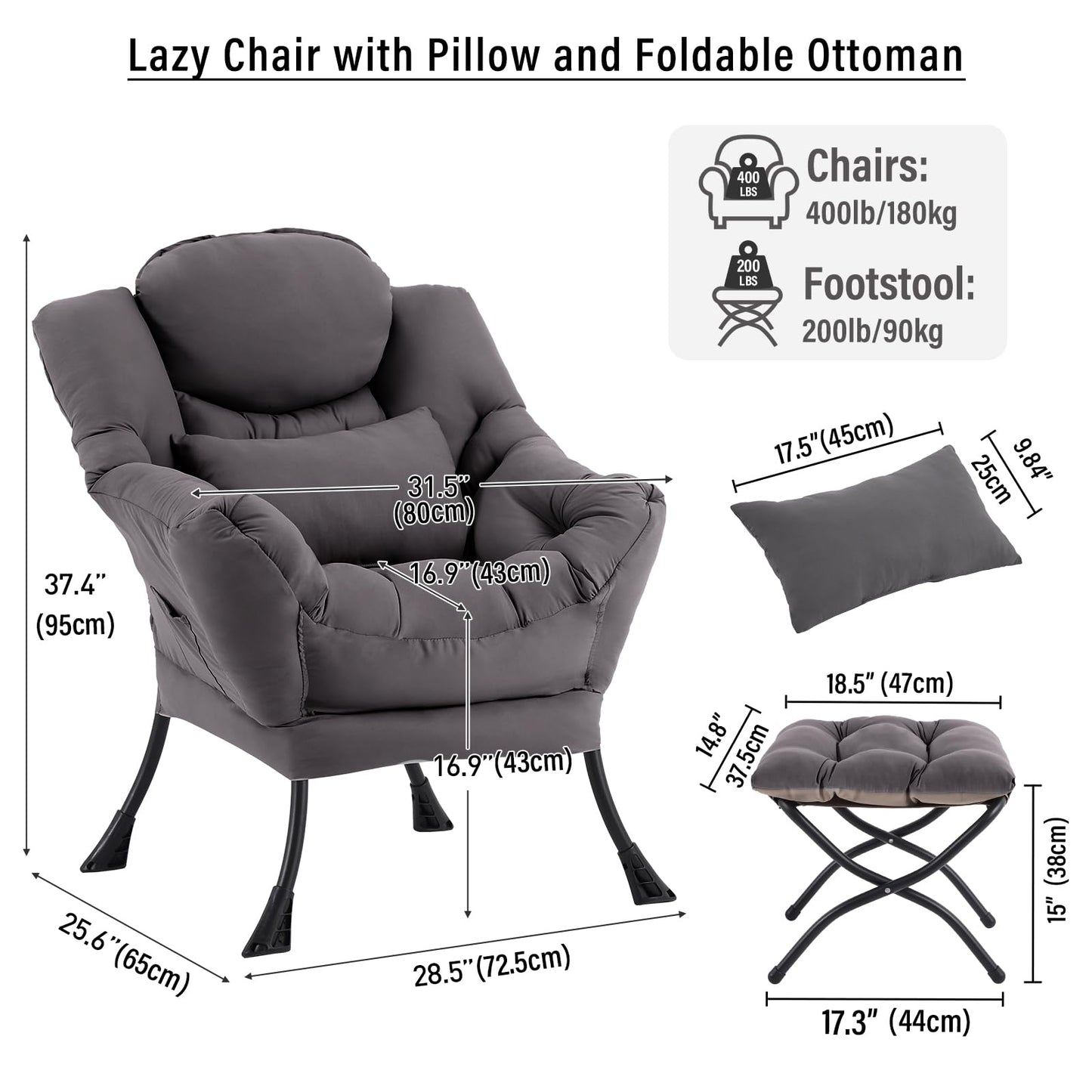 DreamNook Lazy Chair with Ottoman, Modern Accent Chair with Lumbar Pillow, Dark Grey Sofa, Armchairs with Folding Footrest, Oversized Supportive Chairs for Bedroom, Reading