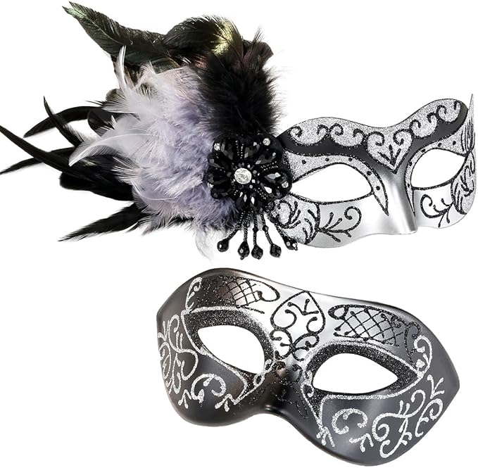 MYSEUNI Silver Masquerade Mask for Couples -Masquerade Masks for Women with Feathers & Venetian Half Mask Halloween for Ma...