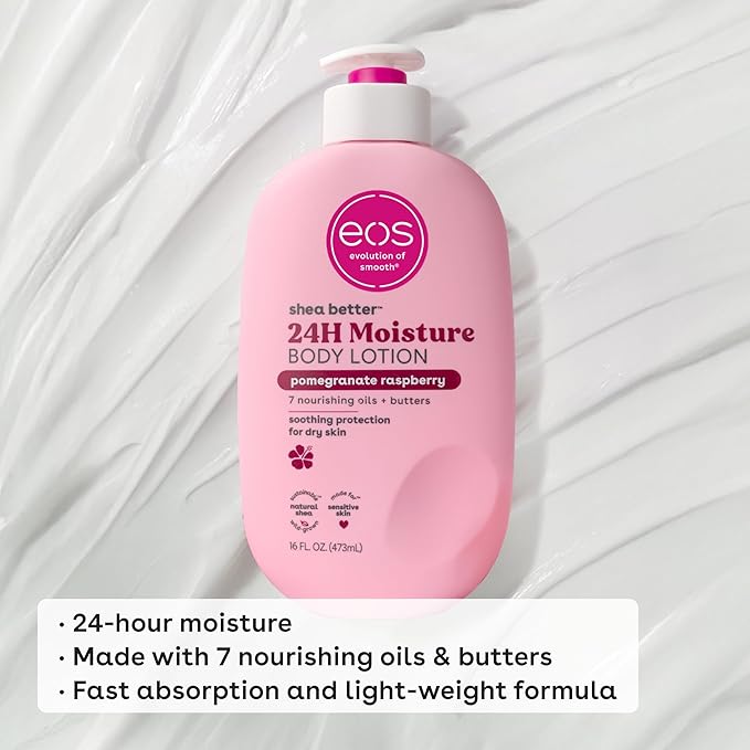 eos Shea Better Body Lotion Pomegranate Raspberry, 24-Hour Moisture Skin Care, Lightweight & Non-Greasy, Natural Shea, Vegan, 16 fl oz (Pack of 2)