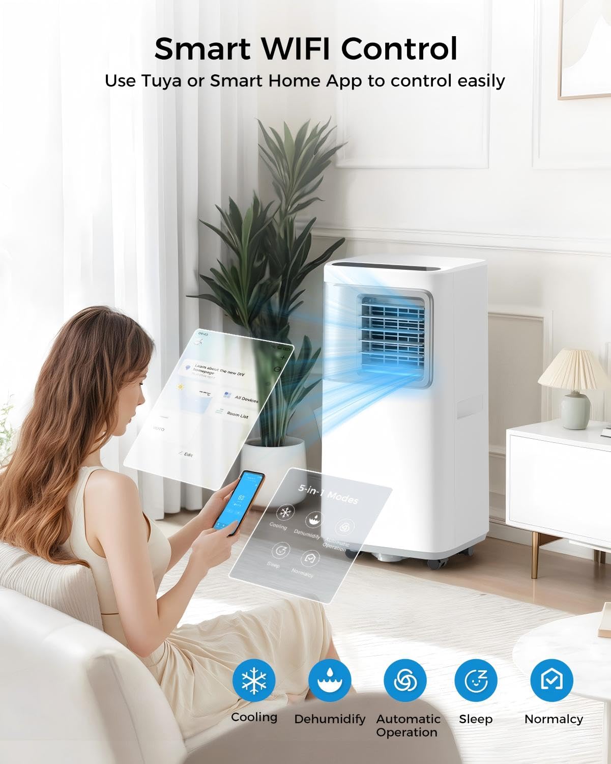 16000 BTU Portable Air Conditioners for Large Rooms up to 750 Sq. Ft., 5-in-1 Smart AC with WiFi App, Remote Control, Fast Cooling, Dehumidifier, Sleep Mode, 24H Timer & Window Kit