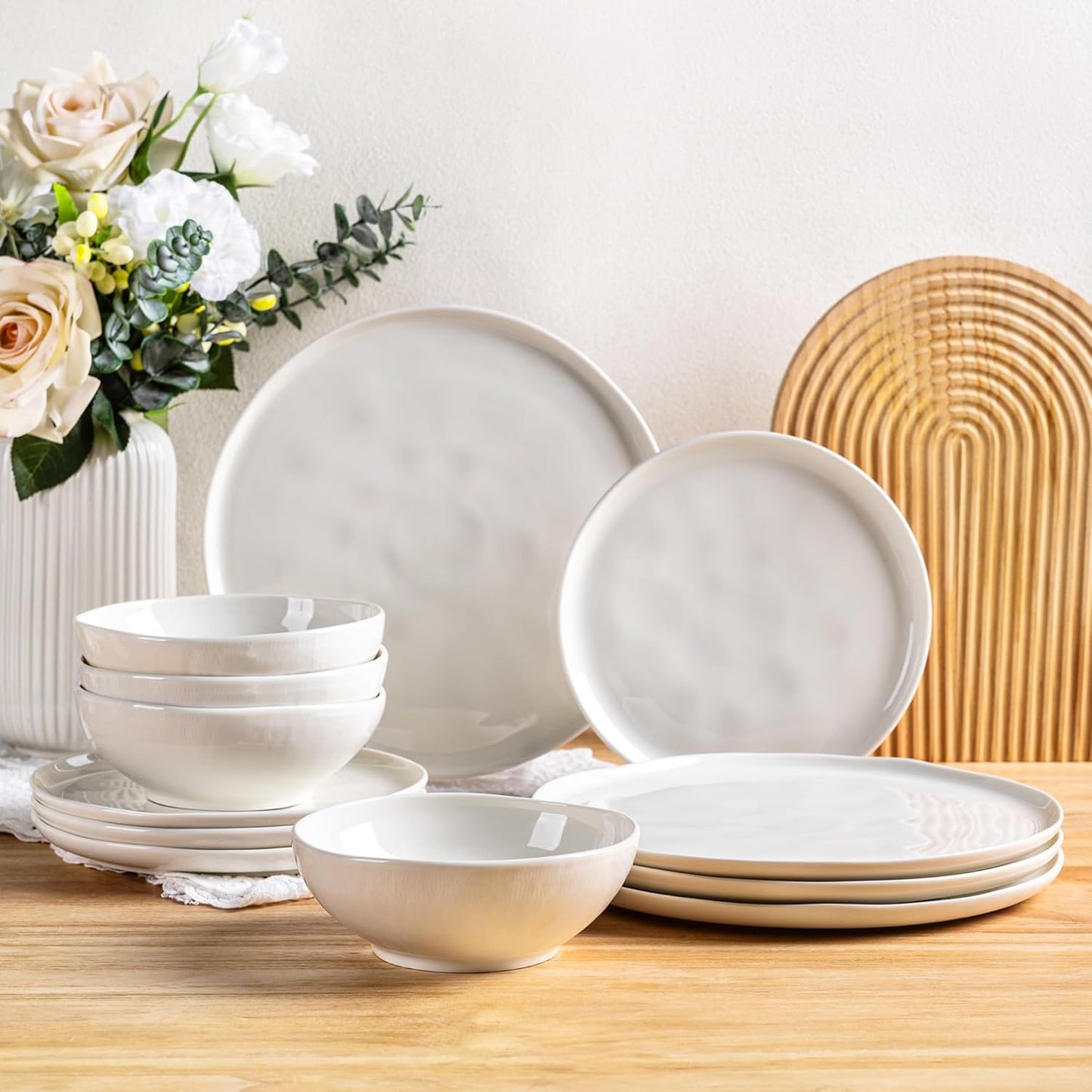 LERATIO Ceramic Dinnerware Sets for 4,Porcelain Plates and Bowls Sets with Wavy Edge,Microwave & Dishwasher & Oven Safe,Light Weight & Scratch Resistant Dishes Sets-Service for 4 (12pcs)