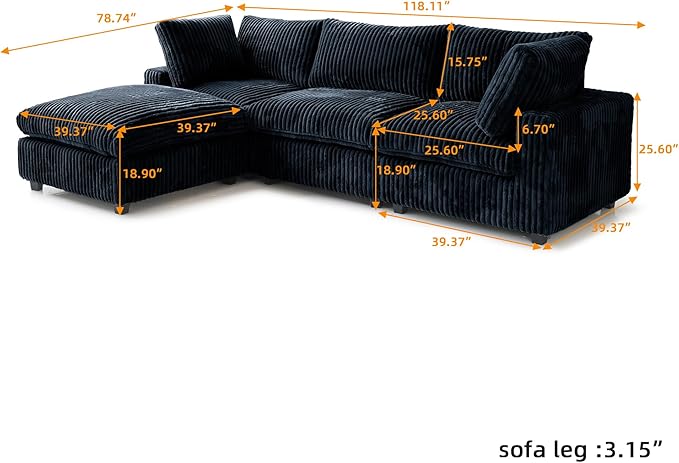 WJShome Cloud Couch Modular Sectional Sofa,118" Oversized L Shaped Sofa with Ottoman,Plush 4 Seater Comfy Couch with Chaise Convertible Couches for Living Room,Covers Washable&Replaceable (Black)