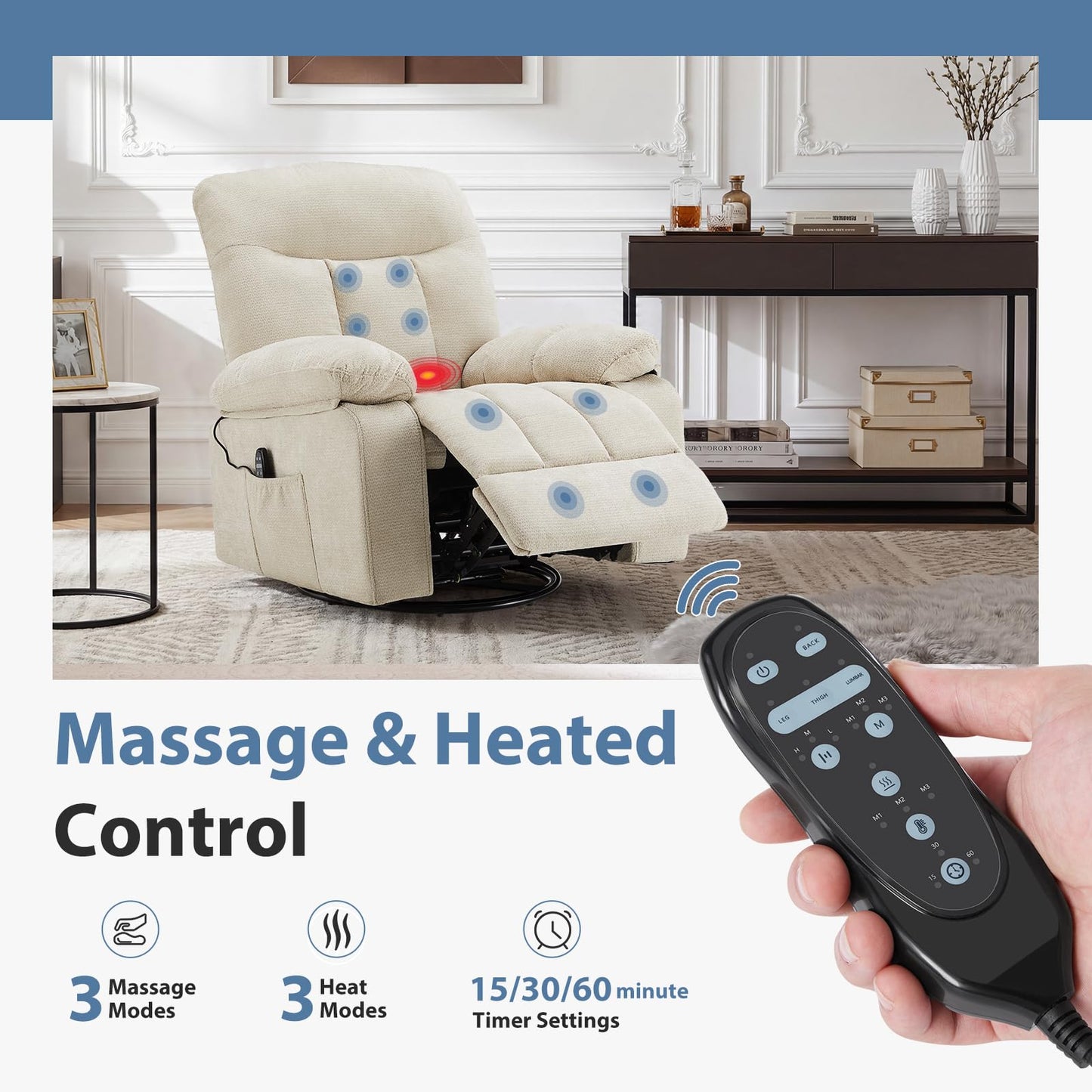 DUMOS Rocker Recliner Chair, Swivel Recliner with Vibration Massage & Lumbar Heating, 270° Rotating Chenille Fabric Recliner with footrest for Living Room & Bedroom, Beige