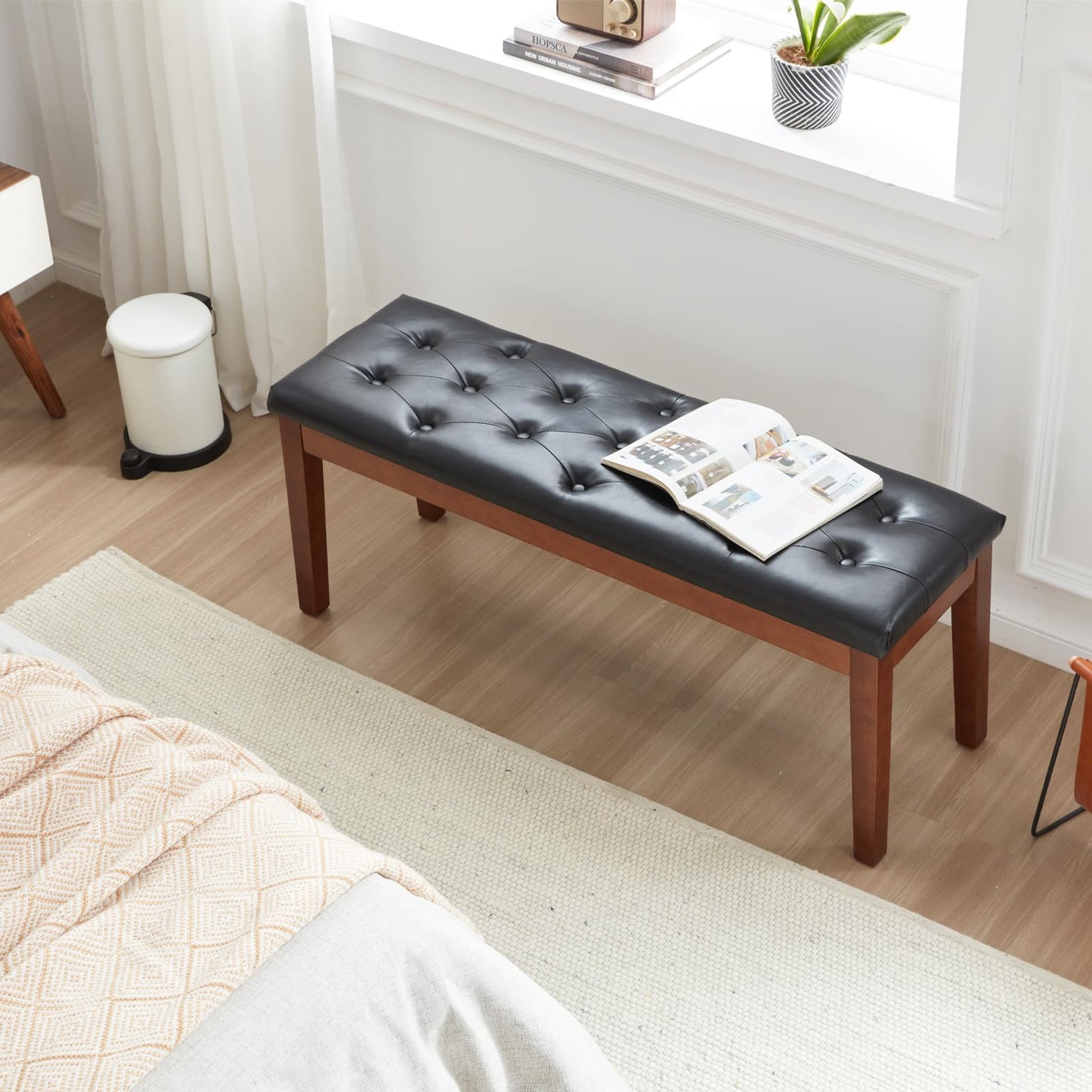 MILCIL Ottoman Bench Upholstered Padded Seat with Solid Wood Legs and Button-Tufted, Faux Leather Black