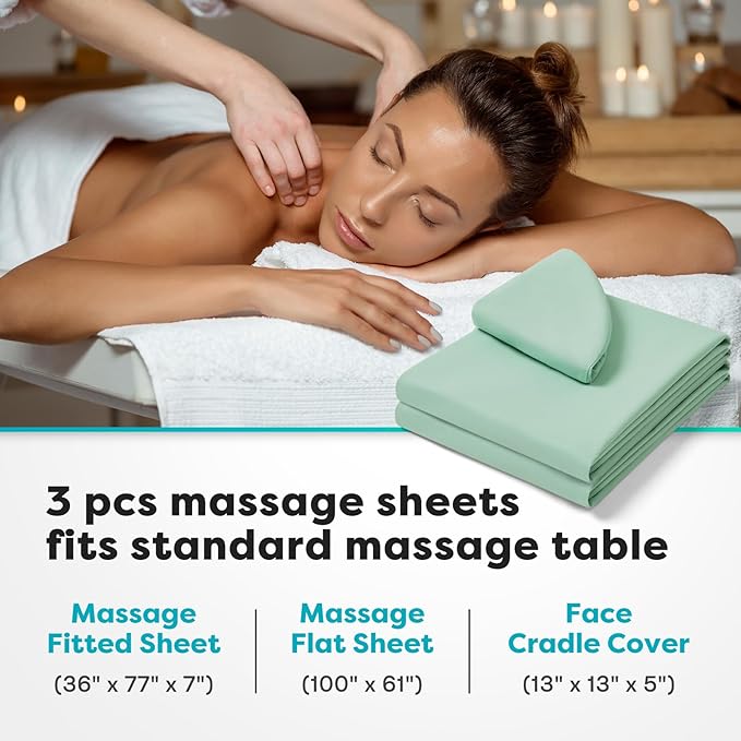 Comfyanno Massage Table Sheets Sets, 3 Pcs Professional Microfiber Massage Bed Cover Sheets, Soft, Light-Weight, Stain & Wrinkle Resistant, Includes Flat & Fitted Sheet, Face Cradle Cover - Sage