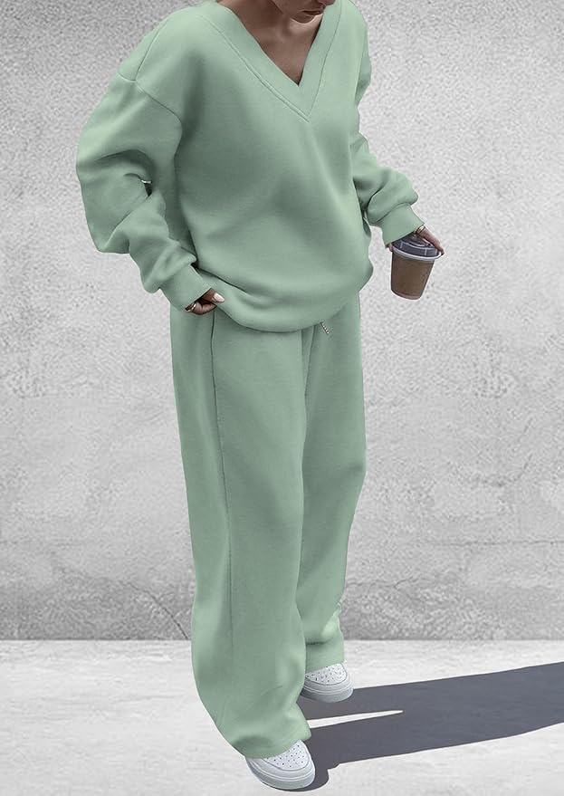 PRETTYGARDEN Casual Winter Two Piece Sets for Women 2026 V Neck Sweatshirt Loose Wide Leg Pants Tracksuit Knit Fall Outfits