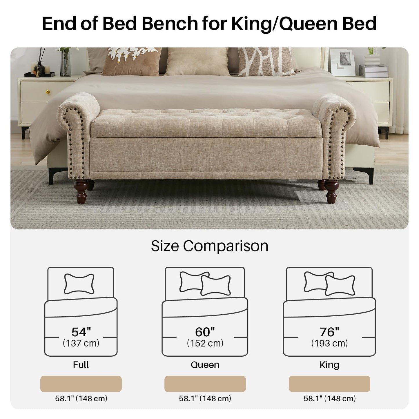 SOFTHION 58.1'' Storage Bench Upholstered Chenille End of Bedroom Bed Bench Ottoman with Tufted Cushioned Rolled Arm Large Storage Space for Reading Living Room Entryway, Light Brown