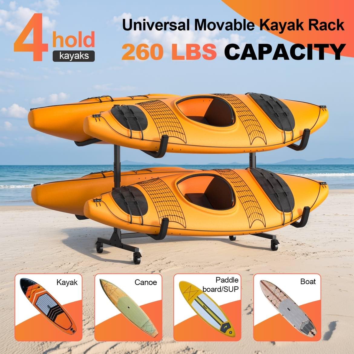 Kayak Storage Rack, Heavy Duty Steel Hanger for 4 Kayaks Stand, Canoe, SUP & Surfboard with Adjustable Width, Movable Wheels, Secure Straps, and Padded Arms for Indoor/Outdoor/Garage Storage
