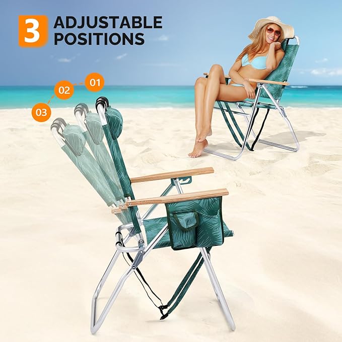 VINGLI Aluminum 17" Backpack Beach Chair – Tall Beach Chairs for Adults, Portable with Adjustable Straps, 3-Position Reclining, Cup Holder, High Lightweight Beach Chairs for Beach