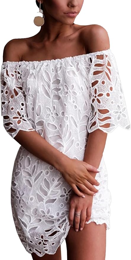 PRETTYGARDEN Women's Summer Off Shoulder Dresses Floral Lace Flare Short Sleeve Spring Vintage Elegant Mini Dress