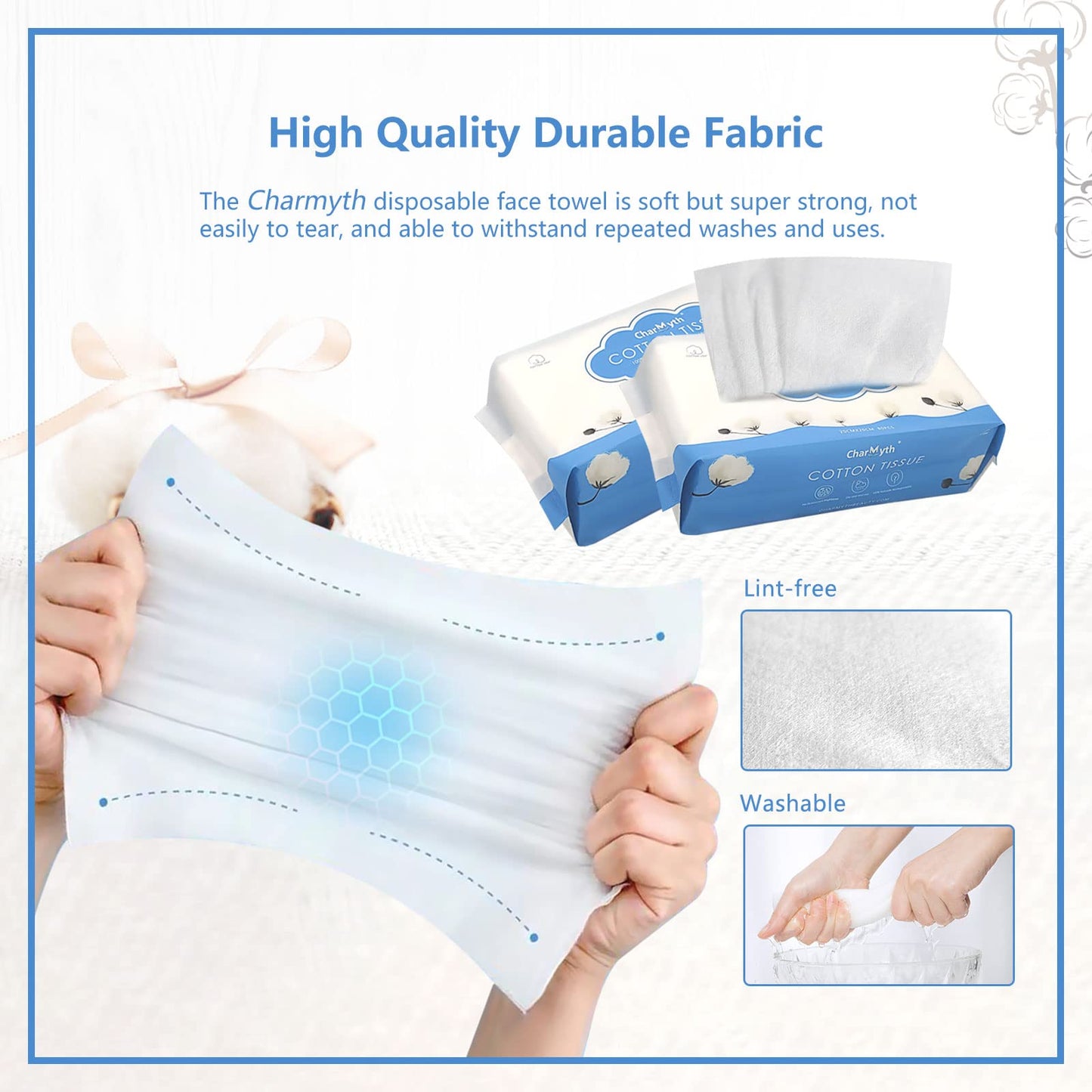 Charmyth Extra Thick Disposable Face Towel, Disposable Makeup Removing Wipes, 100% USA Cotton and 100% Organic & Cruelty Free, L