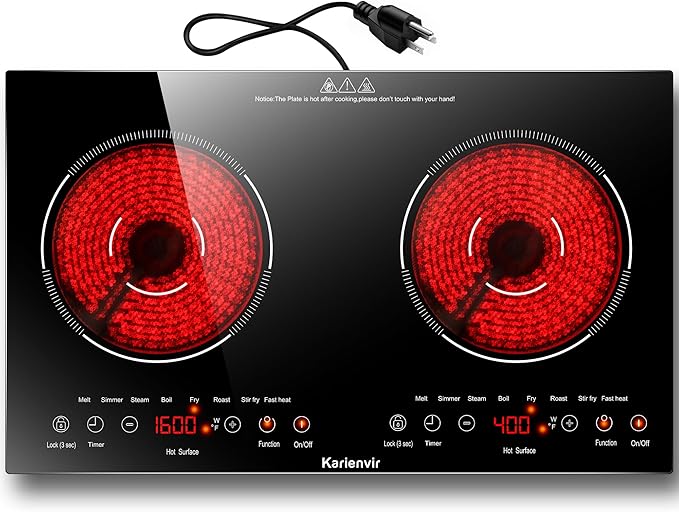 Karienvir 2 Burner Electric Cooktop 110v, 2000W Electric Stove Top Countertop & Built-in, Plug-in Electrics Cooktop 24 Inc...
