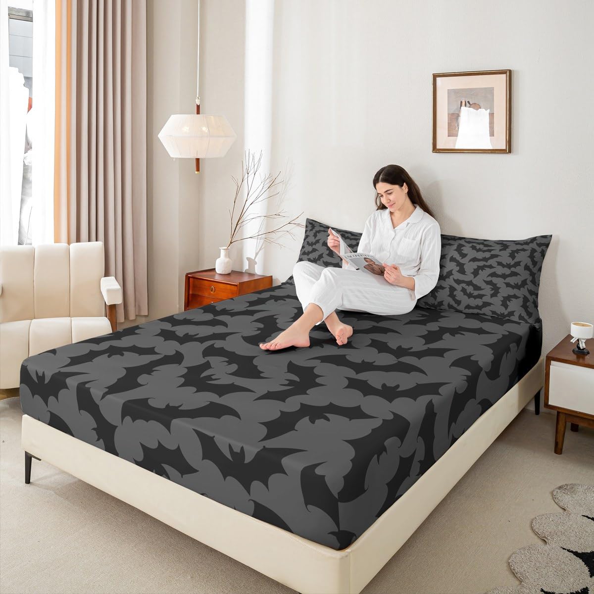 Feelyou Bat Sheet Set Queen Size Kids Happy Halloween Sheets with Deep Pocket Fitted Sheet for Boys Girls Bed Sheets Set Trick or Treat Grey Bedding Set Room Decor Bed Set, 4Pcs