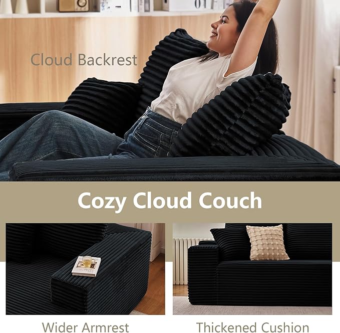 167.7" Sectional Cloud Couch for Living Room, Modular Floor Deep-Seat Sofa, Big Comfy Corduroy Couches Set with Fluffy Memory Foam, Stupendous U Shaped Sofas, No Assembly Required, Black