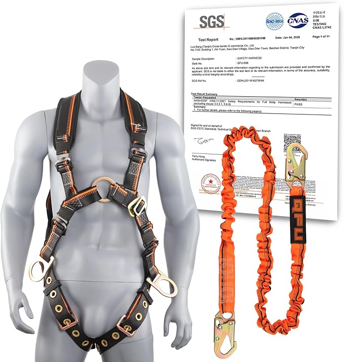 QFU Full Body Safety Harness & Fall Protection Kit with Padded Straps, ANSI Compliant, Includes Shock-Absorbing Lanyard fo...