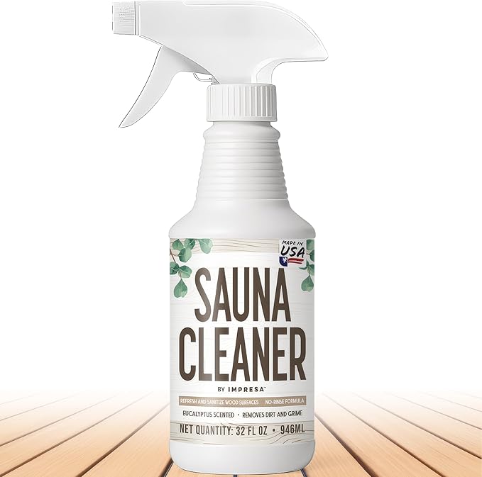 IMPRESA 32oz Sauna Cleaning Spray – All Purpose Eucalyptus Wood Cleaner Spray for Home Sauna, Spa, Steam Room & Gym – Natural Multipurpose Surface Cleaner Bottle – Gentle Ingredients Tough on Grime