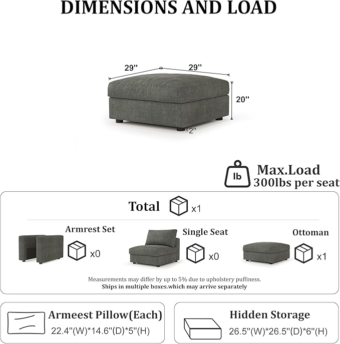 Cloud Modular Sectional Sofa Couch with Storage Ottoman, Oversized Sectional Couches for Living Room, Single Ottoman, Chenille, Dark Gray