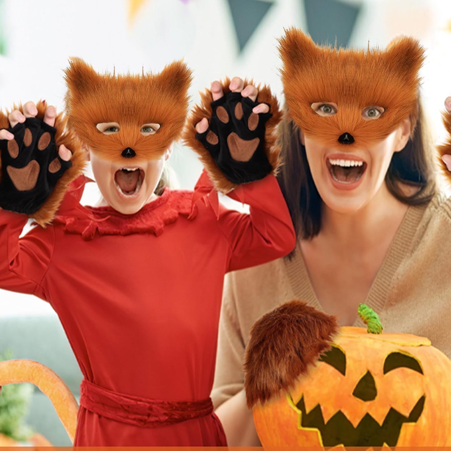 Valpeak Therian Mask and Tail Set for Girls Halloween Cat Mask Tail Cosplay Fox Mask Wolf Tail Over 1 Years Old (Golden)