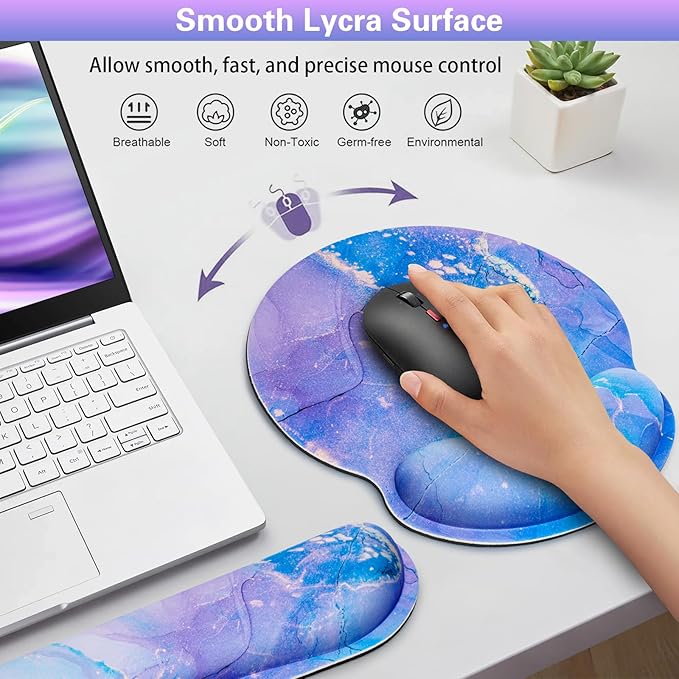 Mouse Pad Purple, Mouse Pad with Wrist Rest Set, 3-in-1 Wrist Support Mousepad Set,Gaming with Anti-Skid Base,Ergonomic Memory Foam Keyboard Gel Wrist Rest