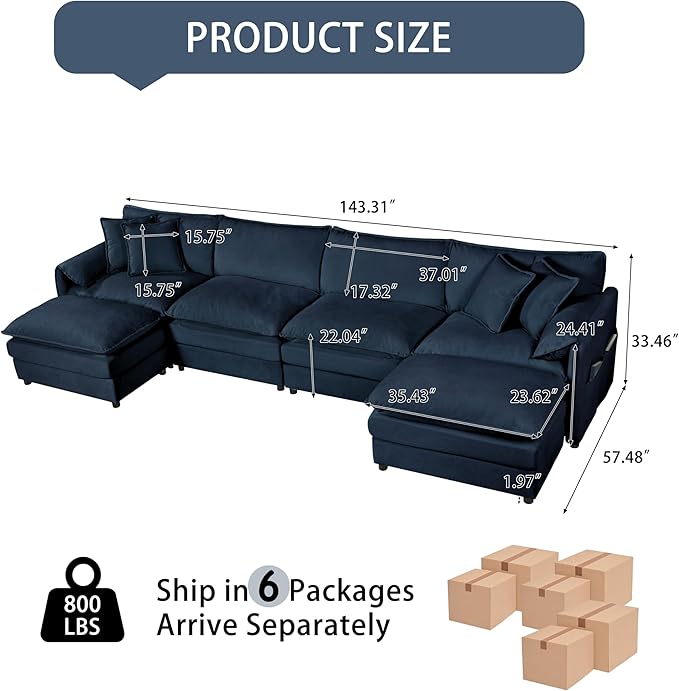 RENDGO 143" Modular Sectional Sofa, Chenille Cloud Couch for Living Rooms & Apartment, Deep Seat Comfort, Flexible U-Shape Combination Sofa for Family Guest Rooms,2 Ottoman,Blue