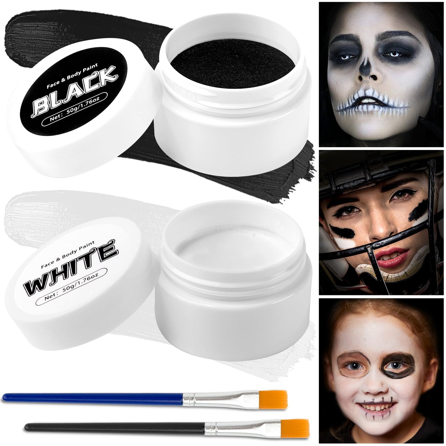 TonJin Black + White Face Body Paint Set 3.5oz/100g, Non-Toxic Professional Facepaint Makeup Kit with 2 Brushes for Kids & Adult