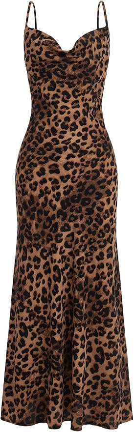 Floerns Women's Leopard Print Draped Collar Spaghetti Strap Cami Long Dress