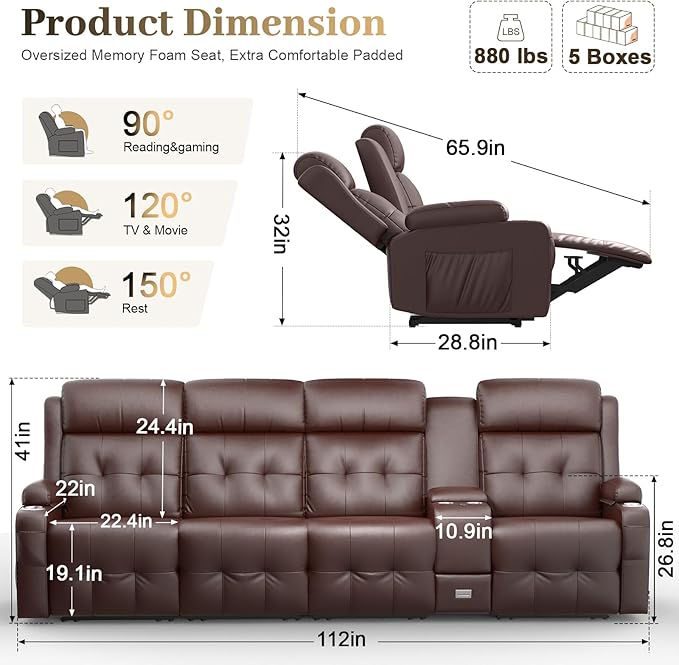 Aotolo Recliner Sofa, Massage Reclining Sofa 4 Seater Sets Heavy Weight Capacity, RV Loveseat Couch Clearance with Console, USB, Type C Port, Storage, Cup Holders, Wall Hugger Chair for Living Room