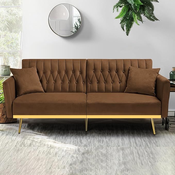 ACMEASE 70” Velvet Futon Sofa Bed with 2 Pillows and Adjustable Armrests, Convertible Sleeper Bed W/Adjustable Backrests, Modern Loveseat for Living Room, Bedroom, Brown