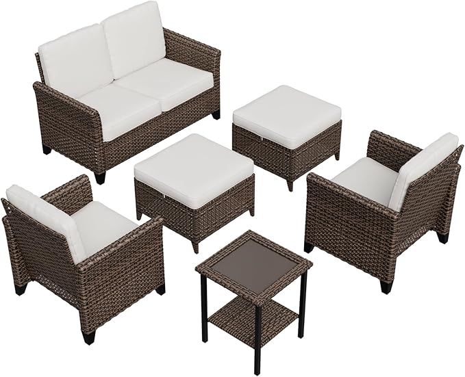 COOS BAY Harbor Retreat 6 Piece Outdoor Furniture Set, Patio Conversation Set with Patio Chairs, 2 Seat Loveseat, Side Table and Ottomans, Wicker Furniture, Brown/Beige