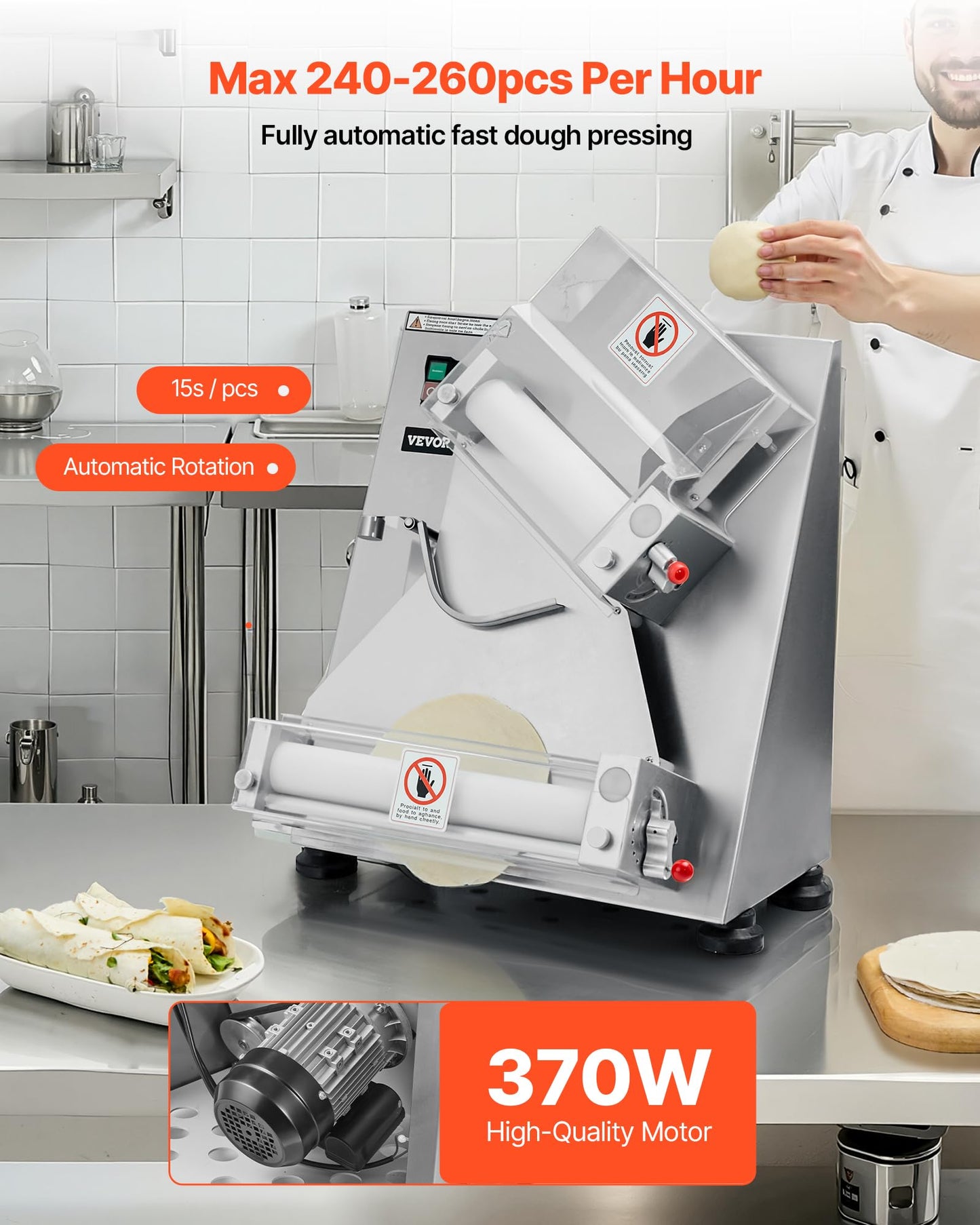VEVOR Pizza Dough Roller Sheeter, 3-14 Inch Automatic Stainless Steel Pizza Press, Commercial Electric 370W Pasta Maker Machine, 260 pcs Per Hour, Adjustable Thickness, with Dough Press Lid