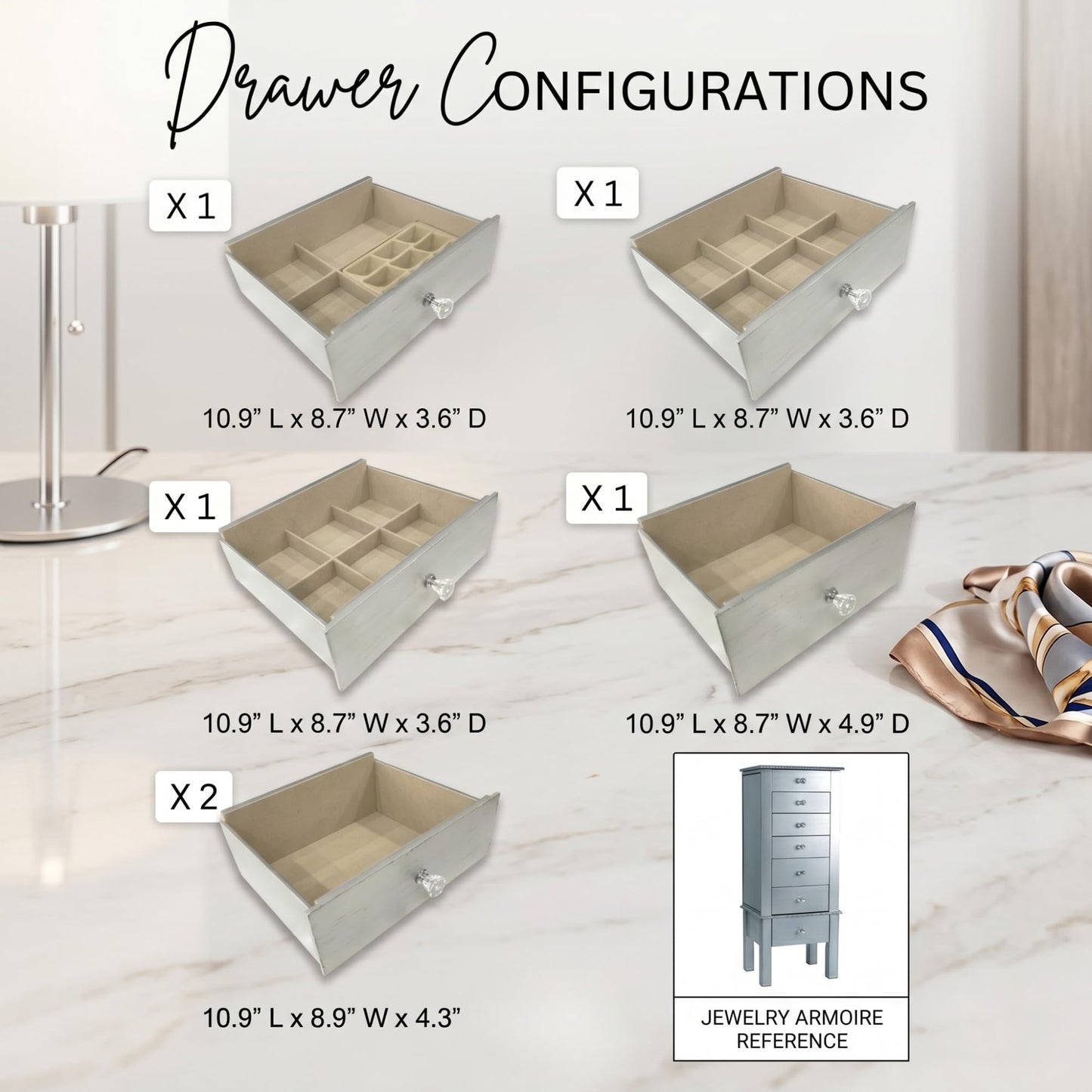 Hives and Honey Lauren Jewelry Armoire, 6 Felt-Lined Drawers, Side Necklace Hooks, Built-In Mirror, Cord Port, Elegant Beaded Trim, Jewel Knobs, Jewelry Storage Organizer, Silver