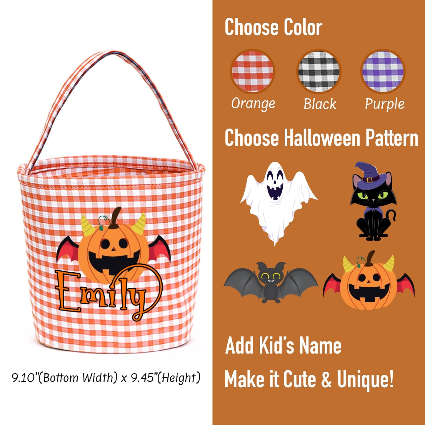 Magic Lunar Personalized Halloween Trick or Treat Bag with Name, Custom Candy Basket, Costume Ghost Bat Pumpkin Bucket, Gift Goodie Bags for Kids