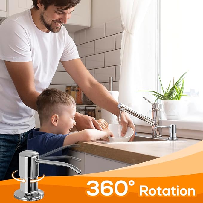 Built in Soap Dispenser for Kitchen Sink Chrome Stainless Steel Pump Head, Counter Soap Dispenser Refill from Top with 17 Ounce PE Bottle