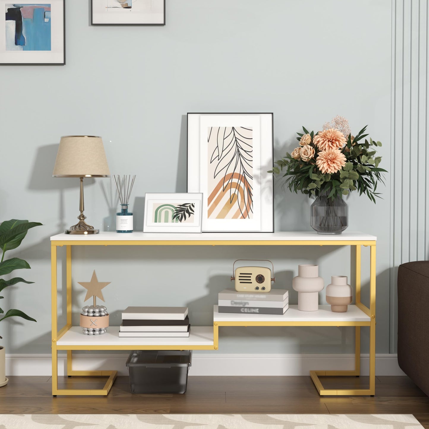 Housoul Console Table, 3-Tier Industrial Entryway Table, 53”L Entrance Sofa Table with Shelves, Hallway, Living Room, Foyer, Corridor, Office, White and Gold