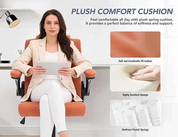 Office Chair with Adjustable Inflatable Lumbar Support,Leather Ergonomic Computer Desk Chair with Flip-up Arms,Adjustable Tilt Lock,Swivel Rolling Executive PC Chair for Work,Study,Meeting.Brown