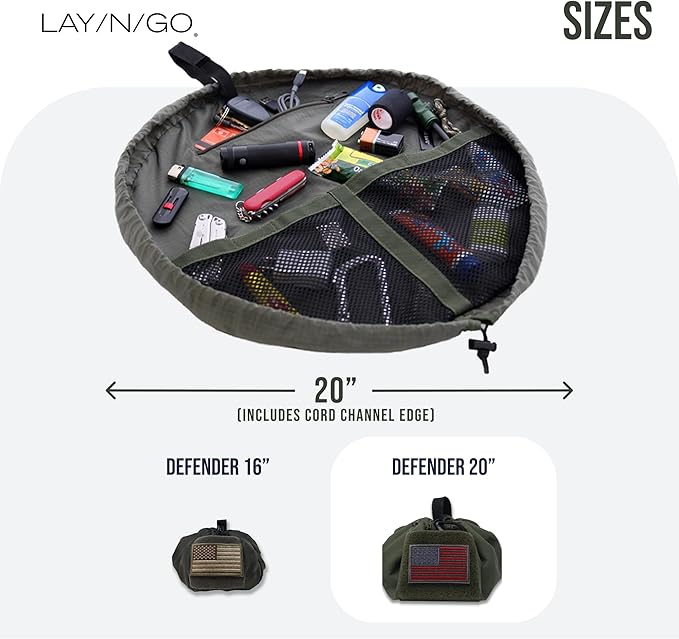 Lay-n-Go Defender Tactical Bag for Gear - Multifunctional Lay-Flat Military Tactical Travel Sack w/Zippered & Mesh Pockets - Water-Resistant, Machine-Washable Utility Tool Bag (20", Green)