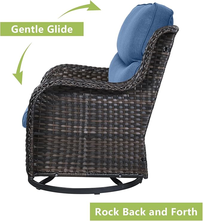 Rilyson Wicker Rocking Chair Swivel Chairs - 2 Piece Rocker Patio Chairs Set Rattan Rocking Chair for Outdoor Porch Deck Garden Backyard (Brown/Blue/Smile)
