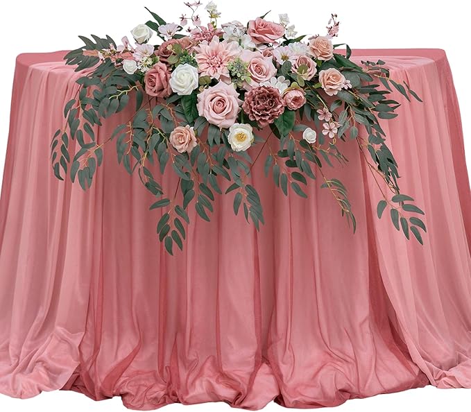 TINGE TIME Artificial Sweetheart Flower Swag with Tablecloth and Table Runner, Pack of 3 Floral Arrangement for Wedding Sweetheart Table Centerpiece Decoration Valentine's Day (DustyRose&Cream)
