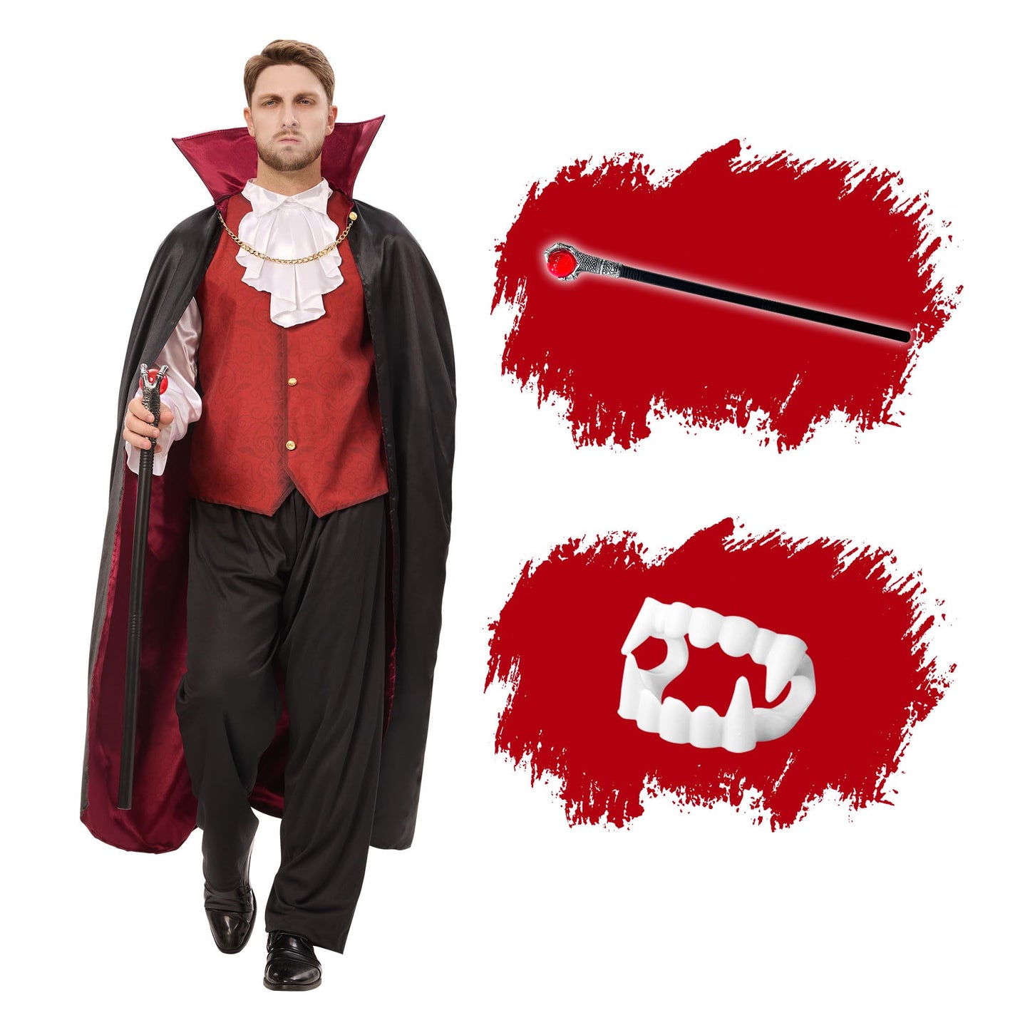 Joyful Start Vampire Costume Men Adult, Mens Vampire Costume with Vampire Cape and Vampire Teeth, Halloween Costumes Men Adult Dress Up XL