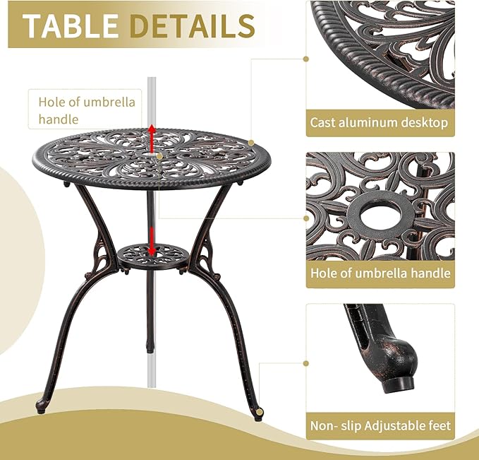 Withniture 3 Piece Outdoor Bistro Set All Weather Patio Table and Chairs Set, Cast Aluminum Patio Bistro Sets with 1.97” Umbrella Hole, Metal Patio Furniture Set for Front Porch Garden, Bronze