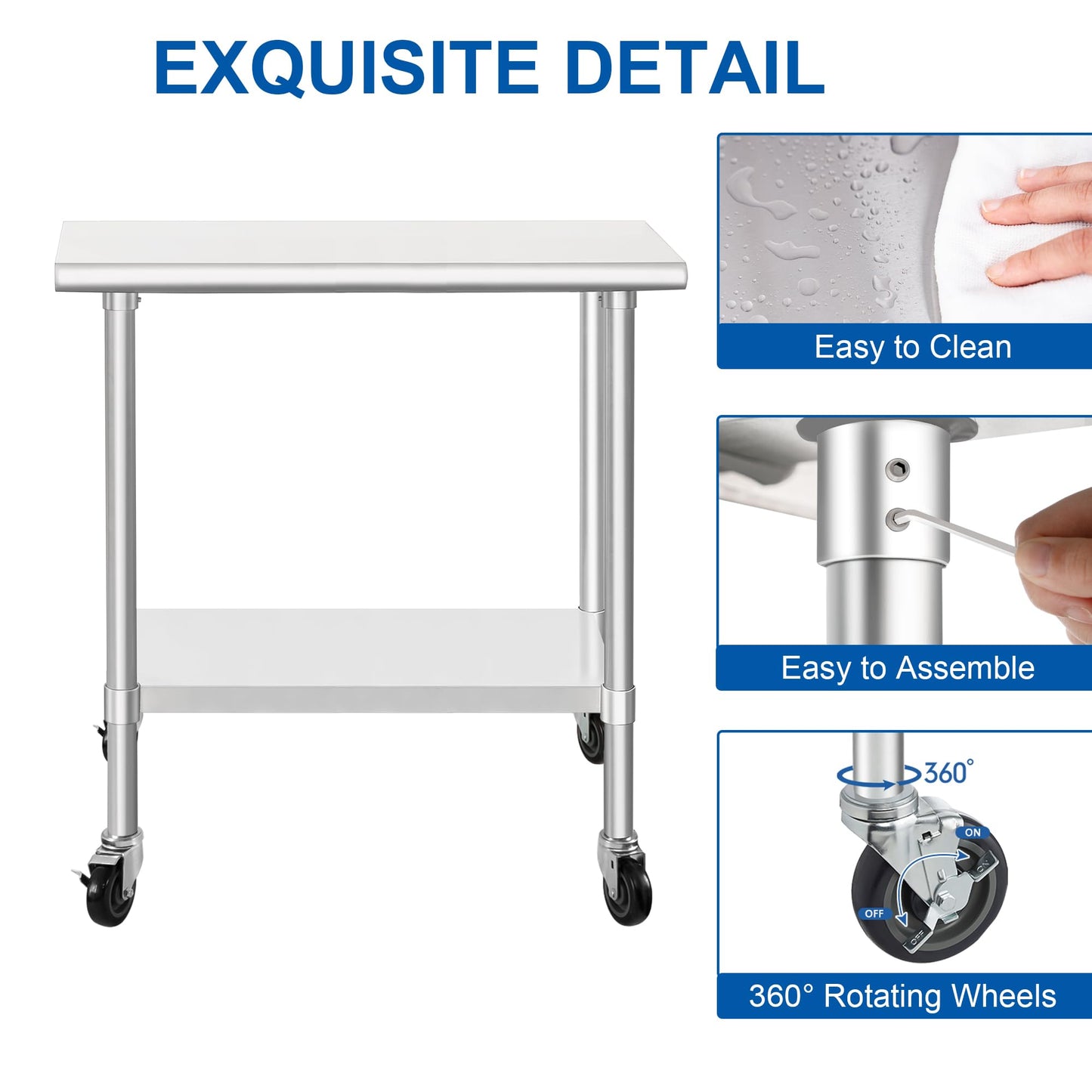 HARDURA Stainless Steel Commercial Table Prep & Work Table with Casters Heavy Duty Metal Table with Wheels NSF 430 14×30 Inches