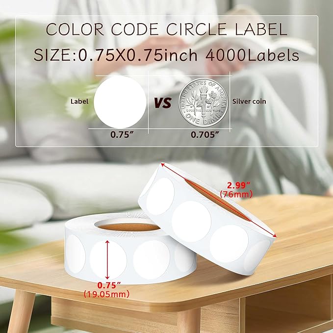 0.75 Inch 4 Rolls of 4000 Colorful Dots Sealing Stickers,3/4"Round Permanent Adhesive Color Coding Labels,White Dots Stickers for Home Decorative, Storage Bins, Moving Containers & Organization