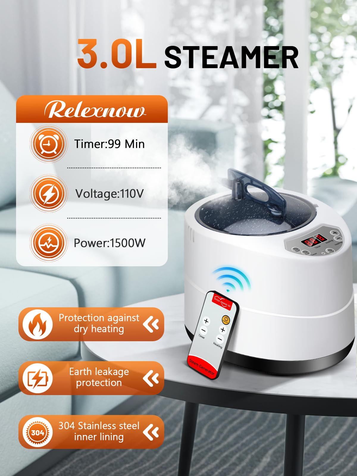 RELEXNOW Portable Sauna Box for Home, Personal SPA Steam Sauna with 10 Min Fast Heating & 9 Levels Heat, Warm Sauna Tent with 3L/1200W Steamer, Folding Chair, Remote Control for Body Relaxation