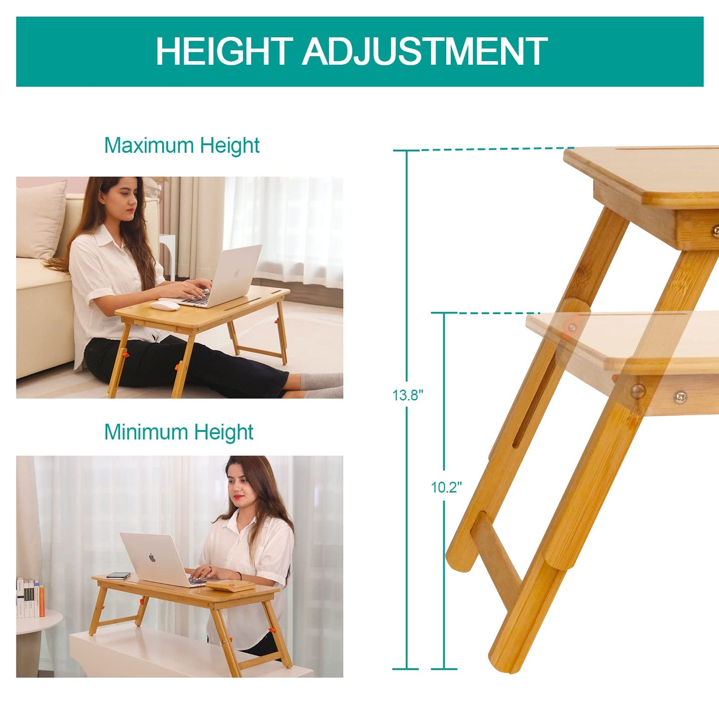 Laptop Desk for Bed, COIWAI Laptop Bed Tray, Bamboo Lap Desk with Tablet Slot, Adjustable Height Angle, Foldable Tray for Sofa Couch Floor, with Storage Drawer - Large
